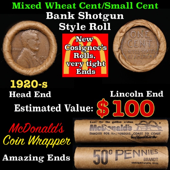 Lincoln Wheat Cent 1c Mixed Roll Orig Brandt McDonalds Wrapper, 1920-s end, Wheat other end