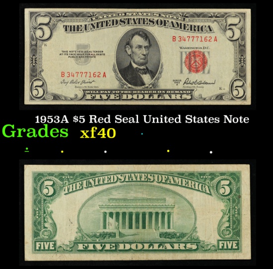 1953A $5 Red Seal United States Note Grades xf