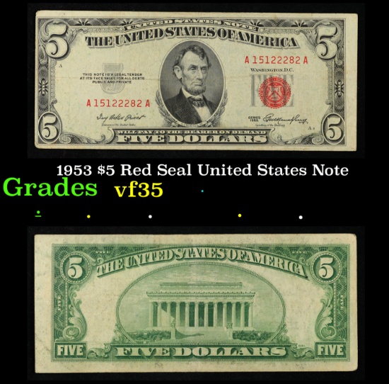1953 $5 Red Seal United States Note Grades vf++