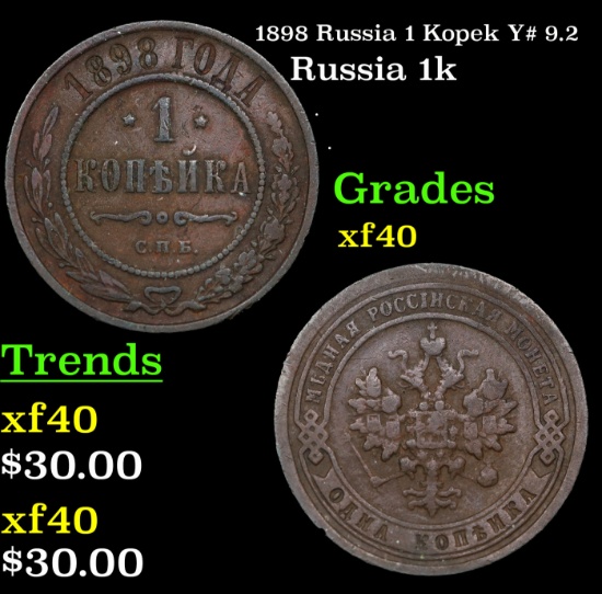 1898 Russia 1 Kopek Y# 9.2 Grades xf