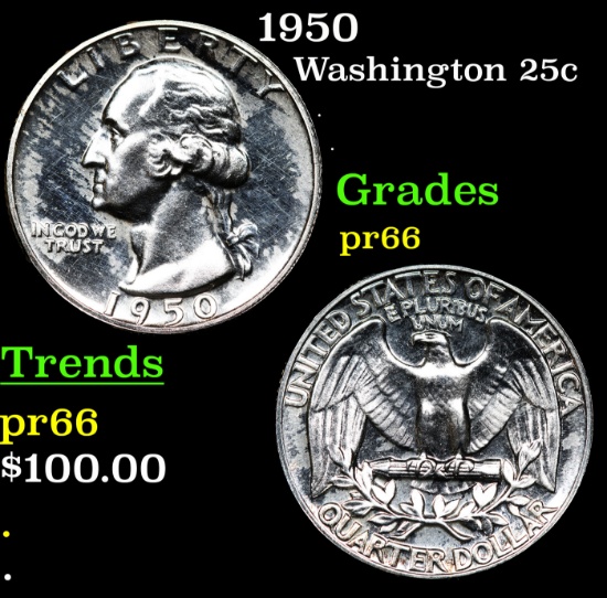 Proof 1950 Washington Quarter 25c Grades GEM+ Proof