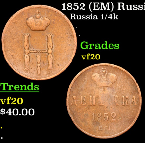 1852 (EM) Russia 1 Polushka (1/2 Kopek) C# 147.1 Grades vf, very fine
