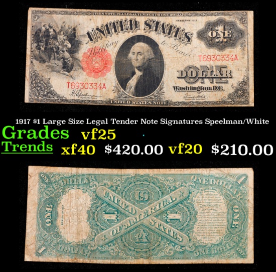 1917 $1 Large Size Legal Tender Note Graded vf+ Signatures Speelman/White