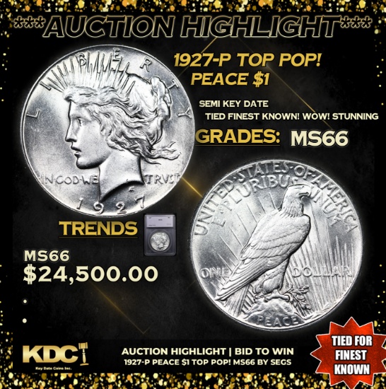 ***Auction Highlight*** 1927-p Peace Dollar TOP POP! $1 Graded ms66 By SEGS (fc)