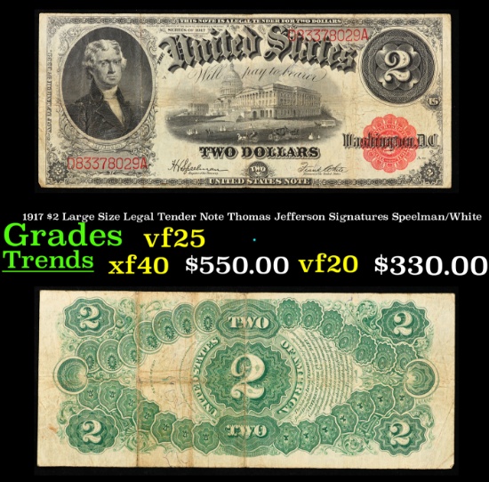 1917 $2 Large Size Legal Tender Note Thomas Jefferson Grades vf+ Signatures Speelman/White