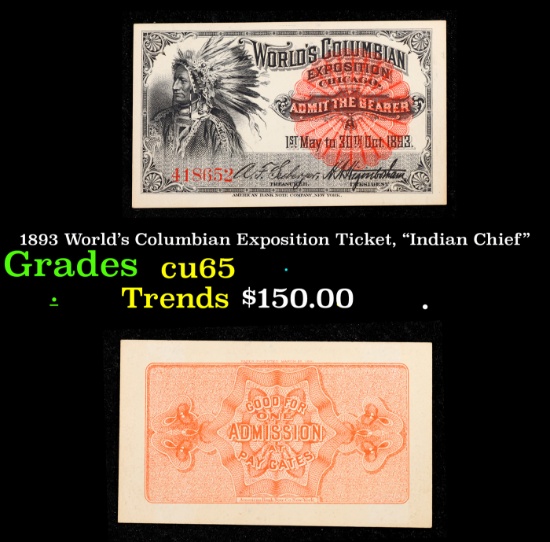 1893 World's Columbian Exposition Ticket, "Indian Chief" Grades Gem CU