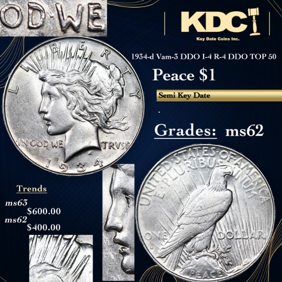 1934-d Vam-3 DDO I-4 R-4 TOP 50 Peace Dollar $1 Grades Select Unc.