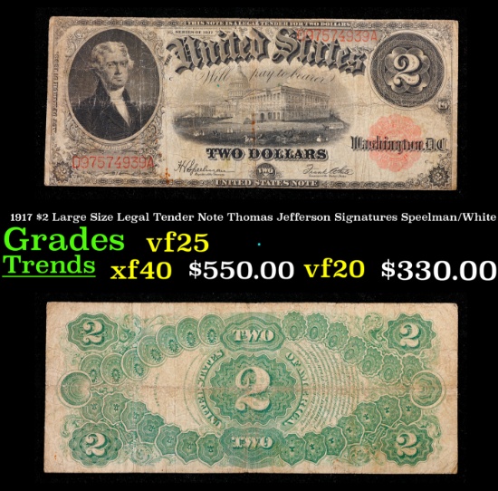 1917 $2 Large Size Legal Tender Note Thomas Jefferson Grades vf+ Signatures Speelman/White