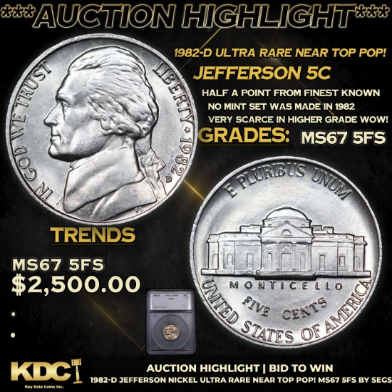 ***Auction Highlight*** 1982-d Jefferson Nickel Ultra Rare Near Top Pop! 5c Graded ms67 5fs BY SEGS