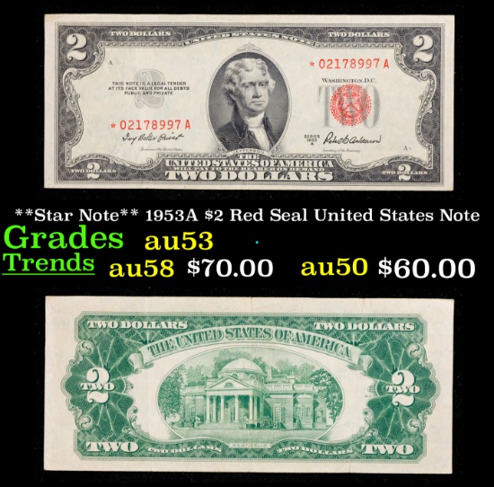 **Star Note** 1953A $2 Red Seal United States Note Grades Select AU
