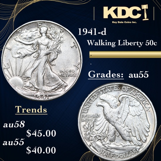 1941-d Walking Liberty Half Dollar 50c Grades Choice AU