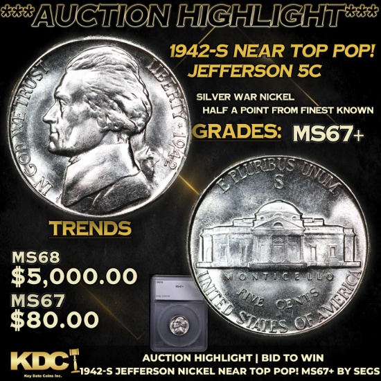 ***Auction Highlight*** 1942-s Jefferson Nickel Near TOP POP! 5c Grades Gem++ Unc BY SEGS (fc)