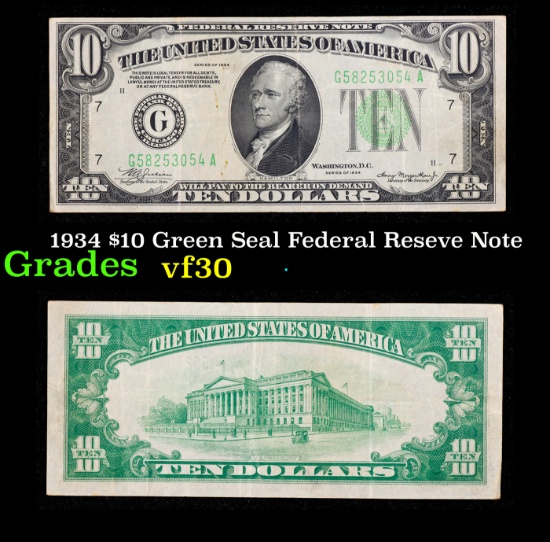 1934 $10 Green Seal Federal Reseve Note Grades vf++