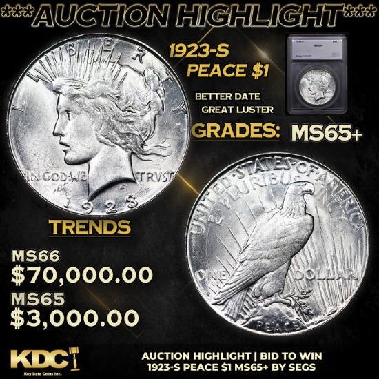 ***Auction Highlight*** 1923-s Peace Dollar $1 Graded ms65+ By SEGS (fc)