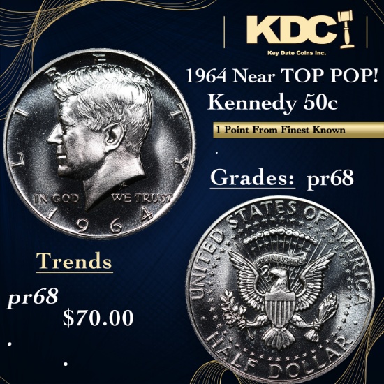 Proof 1964 Kennedy Half Dollar Near TOP POP! 50c Grades GEM++ Proof