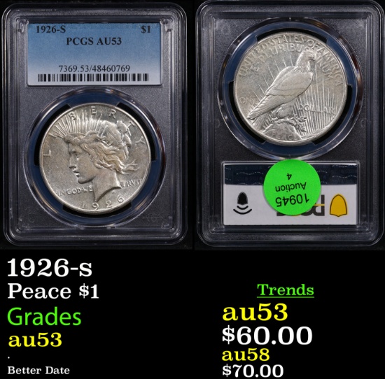 PCGS 1926-s Peace Dollar 1 Graded au53 By PCGS