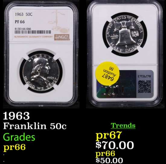 Proof NGC 1963 Franklin Half Dollar 50c Graded pr66 By NGC