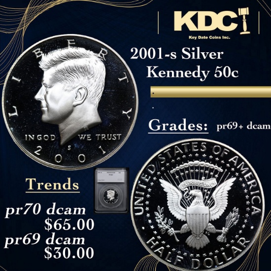Proof 2001-s Silver Kennedy Half Dollar 50c Graded pr69+ dcam BY SEGS