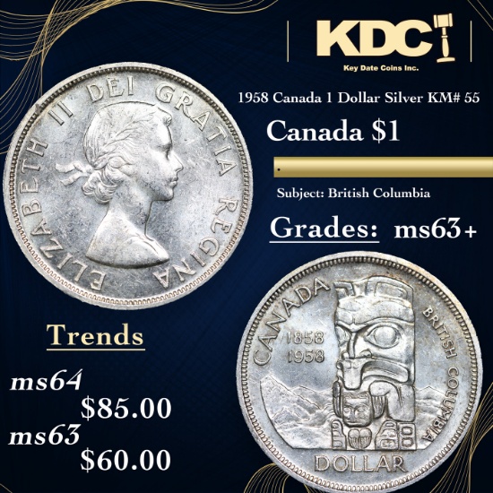 1958 Canada 1 Dollar Silver Canada Dollar KM# 55 $1 Grades Select+ Unc