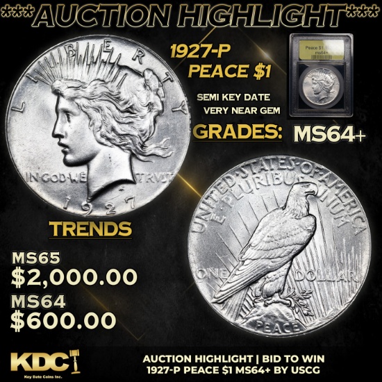 ***Auction Highlight*** 1927-p Peace Dollar $1 Graded Choice+ Unc By USCG (fc)