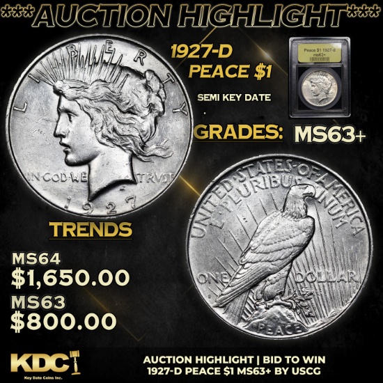***Auction Highlight*** 1927-d Peace Dollar $1 Graded Select+ Unc By USCG (fc)