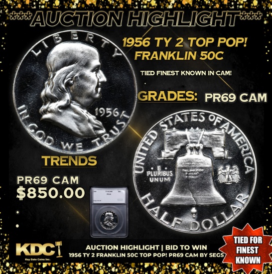 Proof ***Auction Highlight*** 1956 Ty 2 Franklin Half Dollar TOP POP! 50c Graded pr69 cam BY SEGS (f