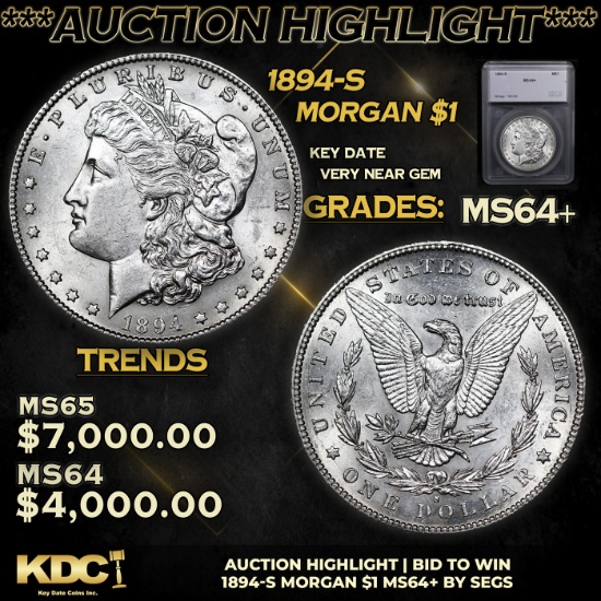 ***Auction Highlight*** 1894-s Morgan Dollar $1 Graded ms64+ By SEGS (fc)
