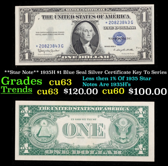 **Star Note** 1935H $1 Blue Seal Silver Certificate Key To Series Grades Select CU