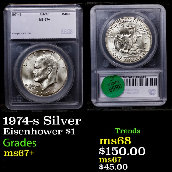 1974-s Silver Eisenhower Dollar 1 Graded ms67+ BY SEGS
