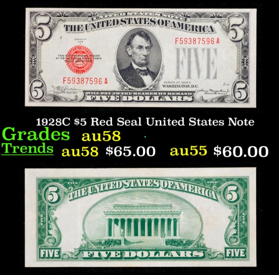 1928C $5 Red Seal United States Note Grades Choice AU/BU Slider