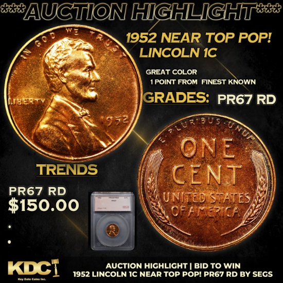 Proof ***Auction Highlight*** 1952 Lincoln Cent Near TOP POP! 1c Graded pr67 rd BY SEGS (fc)