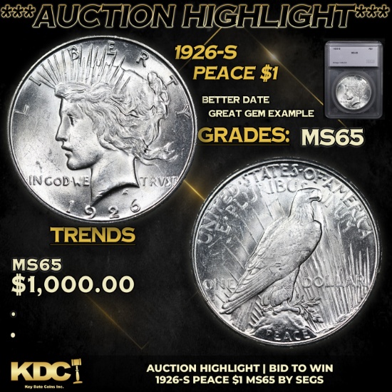 ***Auction Highlight*** 1926-s Peace Dollar $1 Graded ms65 By SEGS (fc)