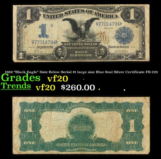 1899 "Black Eagle" Date Below Serial $1 large size Blue Seal Silver Certificate Grades vf, very fine