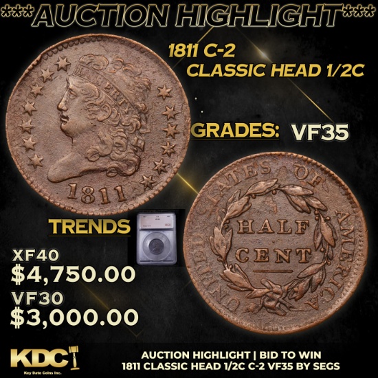 ***Auction Highlight*** 1811 Classic Head half cent C-2 1/2c Graded vf35 By SEGS (fc)