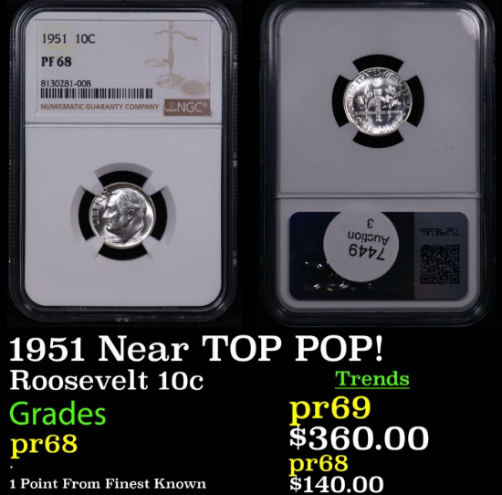 Proof NGC 1951 Roosevelt Dime Near TOP POP! 10c Graded pr68 By NGC