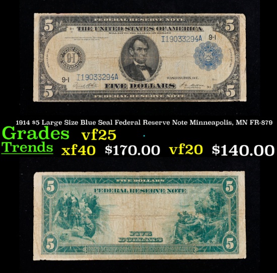 1914 $5 Large Size Blue Seal Federal Reserve Note Minneapolis, MN Grades vf+ FR-879