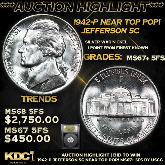 ***Auction Highlight*** 1942-p Jefferson Nickel Near TOP POP! 5c Graded GEM++ 5fs By USCG (fc)