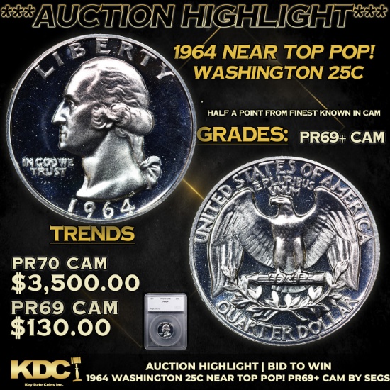 Proof ***Auction Highlight*** 1964 Washington Quarter Near Top Pop! 25c Graded pr69+ CAM BY SEGS (fc