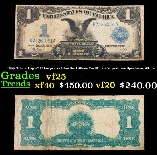 1899 "Black Eagle" $1 large size Blue Seal Silver Certificate Grades vf+ Signatures Speelman/White