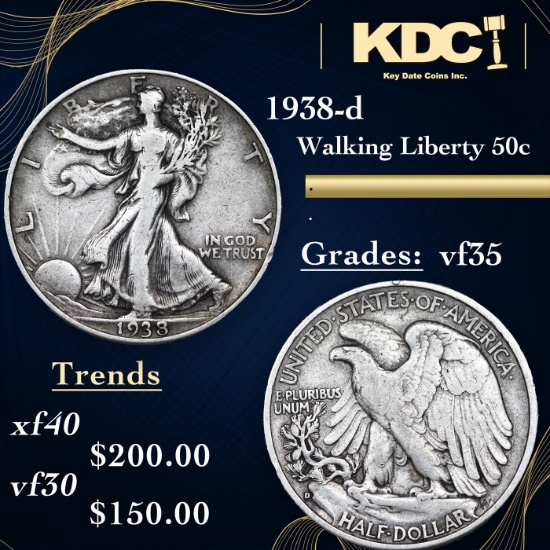 1938-d Walking Liberty Half Dollar 50c Grades vf++