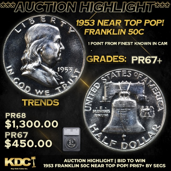 Proof ***Auction Highlight*** 1953 Franklin Half Dollar Near TOP POP! 50c Graded pr67+ BY SEGS (fc)