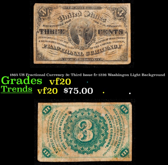 1865 US Fractional Currency 3c Third Issue fr-1226 Washingon Light Background Grades vf, very fine