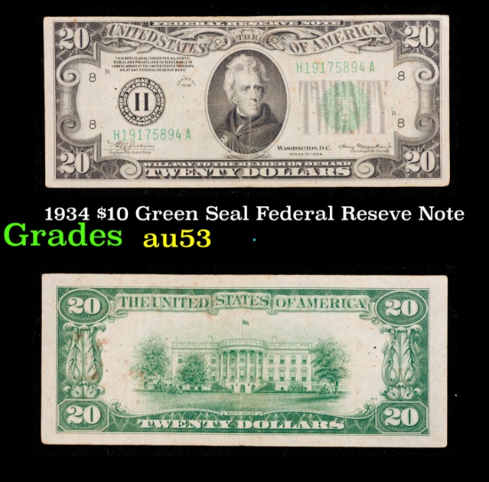 1934 $20 Green Seal Federal Reserve Note Grades Select AU