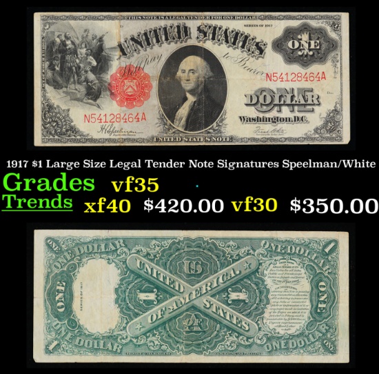 1917 $1 Large Size Legal Tender Note Grades vf++ Signatures Speelman/White