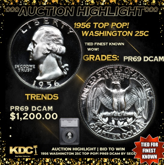 Proof ***Auction Highlight*** 1956 Washington Quarter TOP POP! 25c Graded pr69 DCAM By SEGS (fc)
