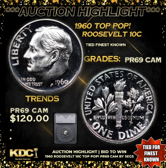 Proof 1960 Roosevelt Dime TOP POP! 10c Graded pr69 cam By SEGS