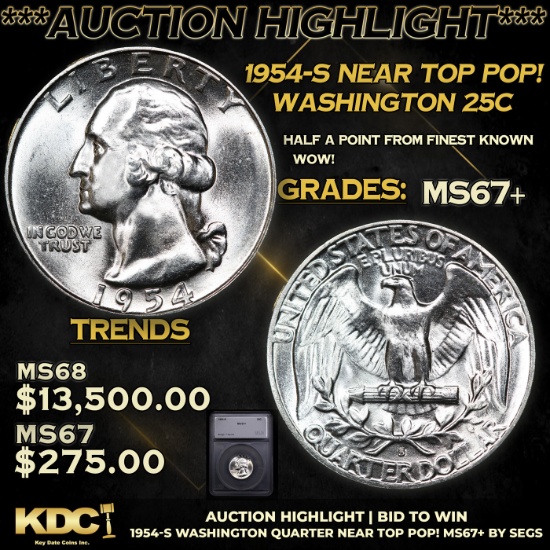 ***Auction Highlight*** 1954-s Washington Quarter Near TOP POP! 25c Graded ms67+ BY SEGS (fc)