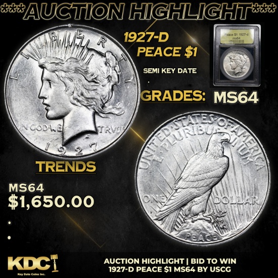 ***Auction Highlight*** 1927-d Peace Dollar $1 Graded Choice Unc By USCG (fc)