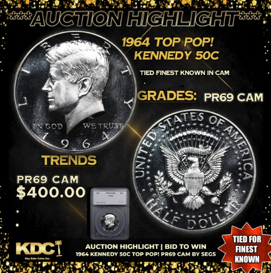 Proof 1964 Kennedy Half Dollar TOP POP! 50c Graded pr69 cam By SEGS