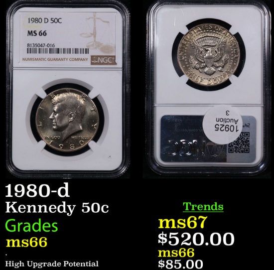 NGC 1980-d Kennedy Half Dollar 50c Graded ms66 By NGC